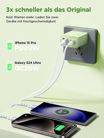 Мережевий адаптер Aioneus USB-C з 4 портами, 40W, PD 3.0, білий (1 шт., світло-зелений)