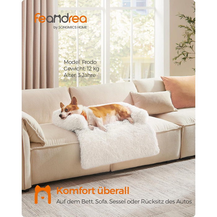 Feandrea FluffyHug Dog Bed, Plush, Dog Blanket Sofa, Sofa Protector Dog, Dog Cushion, Size M, for small and medium-sized dogs, 80 x 75 x 16 cm, PGW221G02 (L 95 x W 85 x H 16 cm, Cloud White)