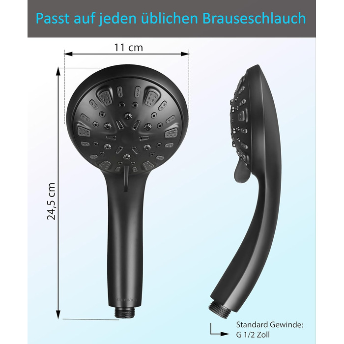 BLUMBACH® Water-Saving Shower Head - High-Pressure Aqua Joy Shower Head - 8 Spray Patterns, Pressure-Boosting Shower Head, Shower Head, Water-Saving Shower Head, High Water Pressure Strong Jet (8L/Min. 8 Spray Patterns / Water-Saving Shower Head Black)