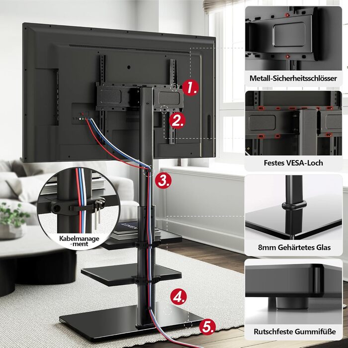 AOKCOS TV Stand for 32-70 inch Flat & Curved TVs - Adjustable Height, Swivel, Tilt, 3-Tier Shelves, VESA 400x400, up to 40kg (White/Black)
