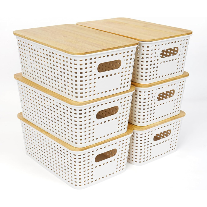 UHAPEER Storage Box with Bamboo Lid, 6 Piece Storage Basket, Plastic Basket Storage, Kitchen Organizer White, Stackable Storage Boxes, Box with Lid 25.6 x 18 x 10.7 cm