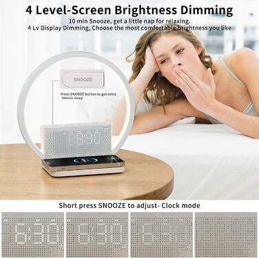 Нічна лампа RETEYUNG з бездротовою зарядкою 10W, 2 будильники, денний світловий будильник, 10 заспокійливих звуків, сенсорне регулювання яскравості (3 рівні), стиль арт-деко