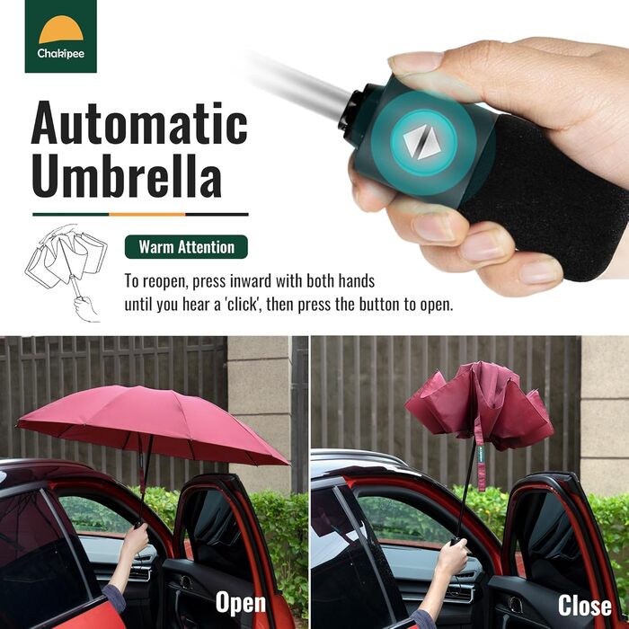 Чакіпі Чомптер: Стійкий до вітру парасолька-тростина для чоловіків та жінок, автоматичний складний парасоль, 10 ребер, червоний