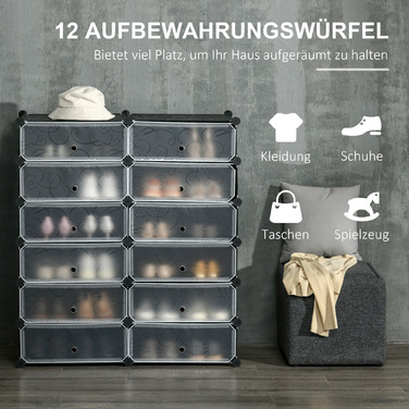 HOMCOM 12-Compartment Shoe Cabinet Modular Shelf for 12 Pairs of Shoes DIY Stackable Shoe Storage for Entryway Black 49 x 37 x 108 cm | Aosom