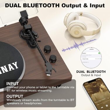 Програвач вінілових пластинок Bluetooth Walnuss з регульованим противагом, 33/45 об/хв, підтримка 7/10/12