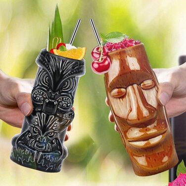 Tiki Tassen Cocktail Set with 4 Pieces – Large Ceramic Cups, Hawaiian Luau Party Cups, Drinkware, Cute Exotic Cocktail Glasses, Tiki Bar, Professional Hawaiian Party