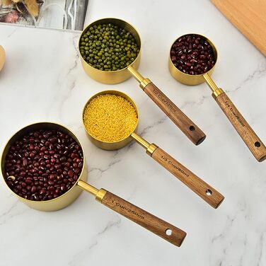 8-Piece Stainless Steel Measuring Cup Set with Wooden Handle – Premium Bartender Scale, Measuring Spoon, Baking Tool Set for Precise Measurements