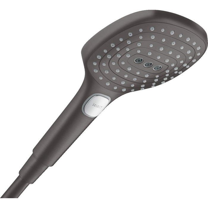 hansgrohe Raindance Select E - water-saving showerhead 9 l/min (EcoSmart), handheld shower with 3 spray patterns, square shower head (120 x 120 mm), water-saving showerhead with anti-limescale function, 26521000 (Brushed Black Chrome, 3 spray patterns)