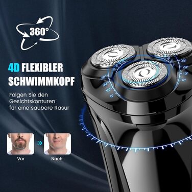 Електричний чоловічий бритва Brightup з 4D-плаваючою головкою, бездротовий LED бритва для вологого та сухого гоління, IPX6 водонепроникний, USB-C зарядка & висувний тример, захист від подорожей, глибокий чорний колір