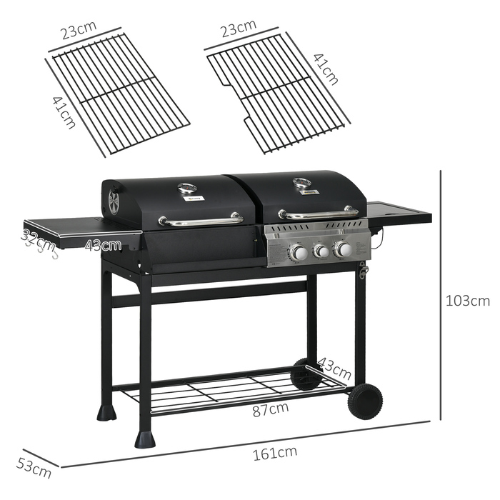Outsunny Grill Cart Gas Grill with 2+1 Burner, Thermometer, 3kW BBQ Charcoal Grill with Shelf, Side Table, Hooks, Camping Grill with Hose for Garden, Balcony, Black | Aosom