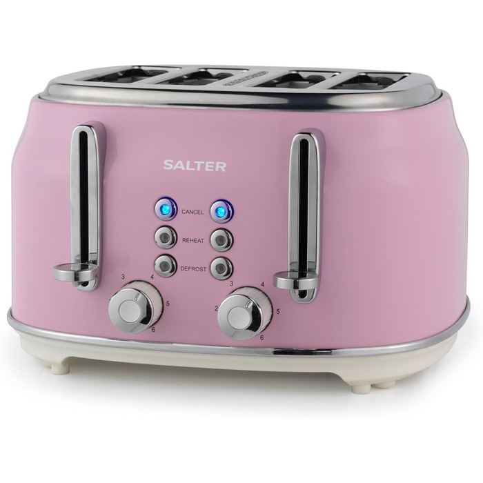 Тостер Salter Retro 4-х секційний, 1,7 л, 3 кВт, рожевий, з фільтром від накипу, бездротовий, з індикатором рівня води та процесу приготування