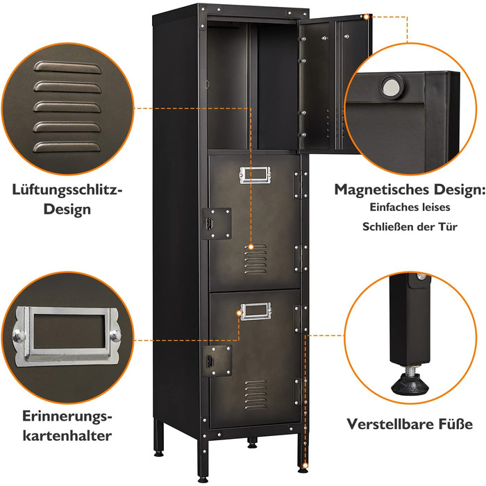 Metal locker with lockable doors, industrial steel cabinet for school, home, office, garage, H140*W38*D46 cm (3 doors)