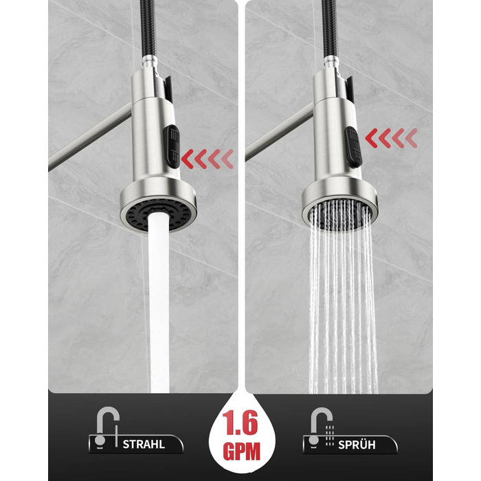 Кухонний змішувач Rainsworth з нержавіючої сталі з двома режимами струменя та висувною лійкою, 360° обертання, висота 45 см