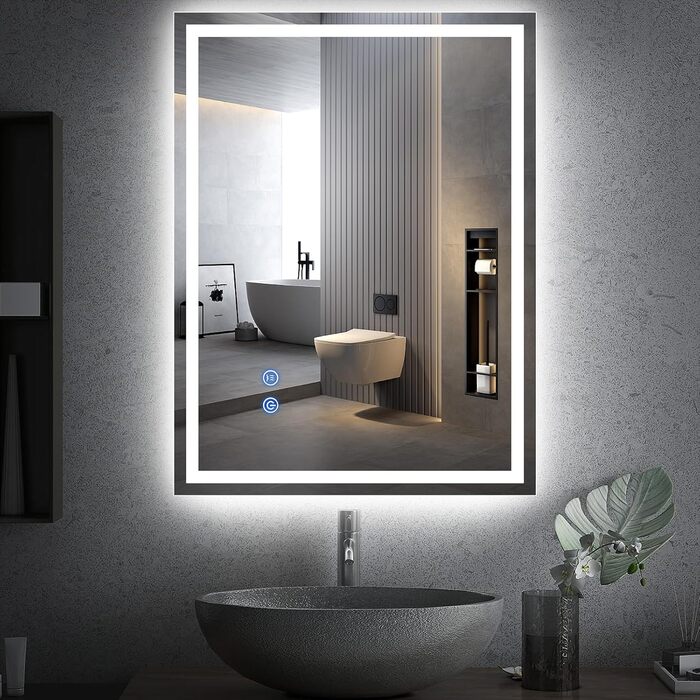Дзеркало для ванної кімнати зі світлодіодним підсвічуванням 50x70 см, LED дзеркало з сенсорним вимикачем, дзеркало для ванної кімнати, настінне дзеркало для ванної кімнати, 80x60 см з 3-кольоровим регулюванням яскравості