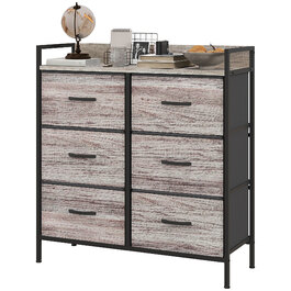 HOMCOM 6-Drawer Fabric Storage Chest of Drawers, Storage Cabinet, Dresser-Style Unit with Wood-Look Finish, Handles, Steel Frame, Industrial Design Sideboard for Living Room - Grey | Aosom