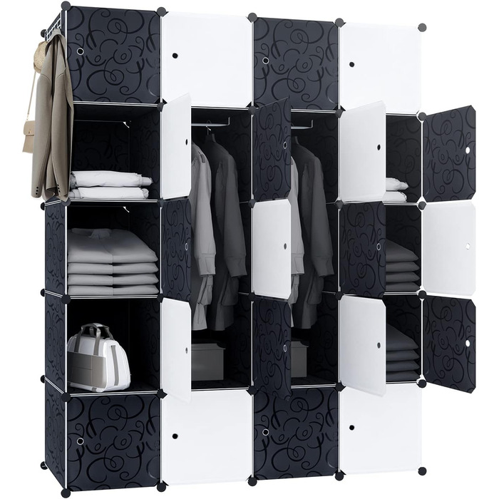 Wardrobe, Plastic Wardrobe, DIY Cube Wardrobe 20 Cubes, Shelf System Bedroom Wardrobe – Black, 145 x 37 x 178 cm