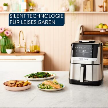 Аерофритюрниця Jamie Oliver by Tefal Easy Fry Silence Deluxe EY55JDE0, тиха, 5 л, 10 програм, цифровий сенсорний дисплей, з решіткою та кришкою, чорний/нержавіюча сталь
