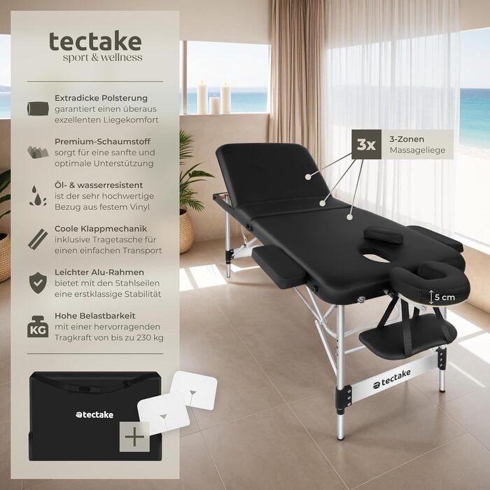Масажний стіл Tectake® 3 зони, розкладний, з регулюванням висоти, з аксесуарами (ширина без підлокітників: 70 см, чорний)
