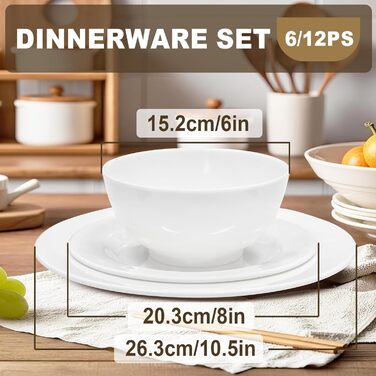 Набір посуду 36 предметів – незламний, легкий, з 26 oz мисками, десертними та обідніми тарілками, придатний для миття в посудомийній машині, багаторазовий, подарунок для дому, для щоденного використання, білий (набір з 6 комплектів)