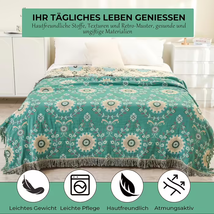 Двосторонній плед HOORDRY Boho з бахромою, 230x250 см, 100% бавовна, зелено-бежевий, з малюнком соняшників для дивана, ліжка, крісла
