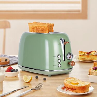 Wiltal Retro 2-Slice Toaster with 6 Adjustable Browning Levels, Stainless Steel with high-quality bread roll attachment. Warming, defrosting, and cancel function, countdown display, quick-toast technology (green)