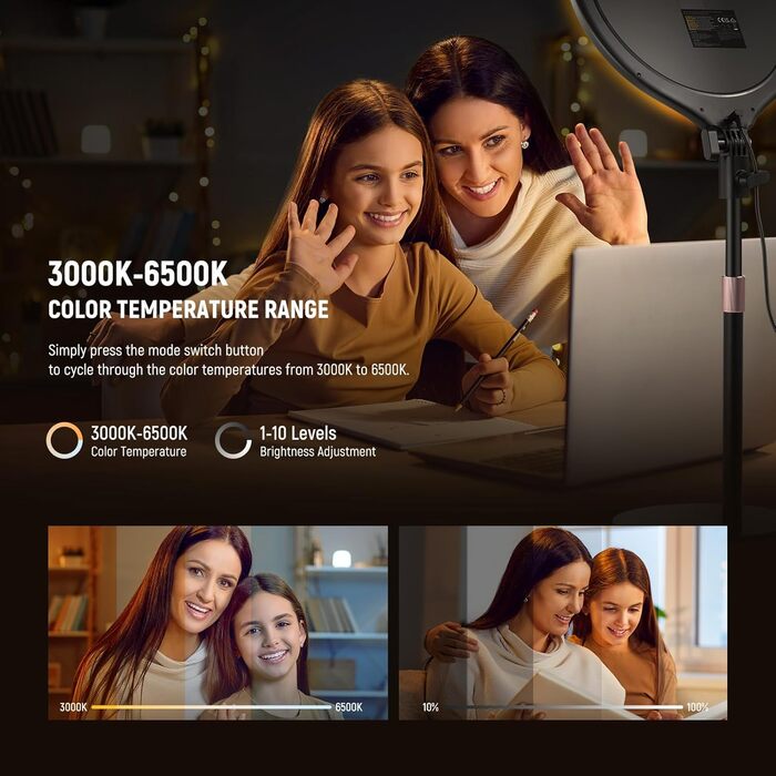 NEEWER кільцева лампа 10.5' з тримачем для телефону, штативом, таймером, 15W, диммування, LED, для iPhone, зйомка, стрімінг, ноутбук, веб-камера, відеоконференції, USB, R10