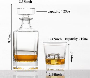 Square Whiskey Decanter Set with 2 Glasses in Box - Scotch, Whiskey, Wine Decanter Set for Men & Women, Father, Colleagues, Lovers - 3 Piece Set