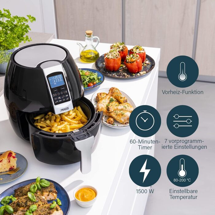 Princess Hot Air Fryer with 3.2 Liter Capacity, Digital Display, 8 Programs, 1500 Watt, Oil-Free, Air Fryer - Aerofryer182020 STANDARD DESIGN 3.2L