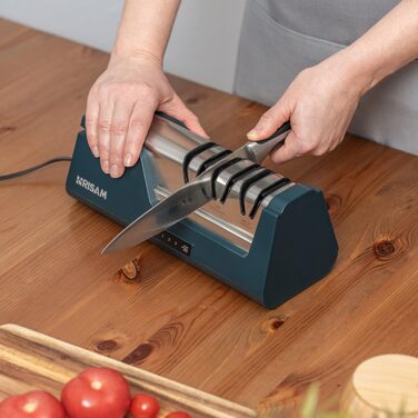 Електричний точило для ножів Messerschärfer – 2-ступенева система шліфування, для кухонних та керамічних ножів, з кутозапобіжником, професійний (Білий/Синій)