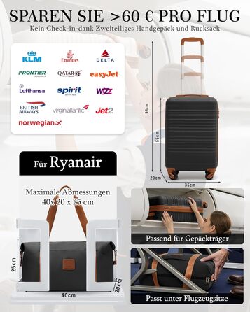 Набір валіз COOLIFE: велика (55x35x20 см) + маленька (40x25x20 см) для ручної поклажі Ryanair & Easyjet, ABS, 2 шт, з TSA замком, чорний/коричневий