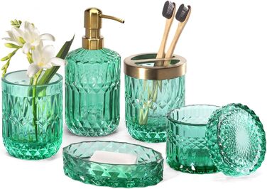 EMPO 6-Piece Bathroom Accessories Set in Clear Glass (Lotion-Soap Dispenser, Soap Dish, Toothbrush Holder, Cup, Cotton Swab Holder), Modern Decoration, Crystal-Vintage Gift (Oceanente) (6 Pcs Vintage Jade)