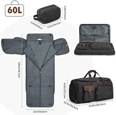 Сумка-органайзер для одягу S-Zone 3-в-1, 60 л, унісекс, з канвасу, з косметичкою, для подорожей, коротких поїздок, ділових поїздок, зберігання, чорна