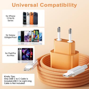 2x USB-C зарядний пристрій 20W + кабель USB-C 2м для iPhone 17/16/15, iPad Pro/Air - Помаранчевий