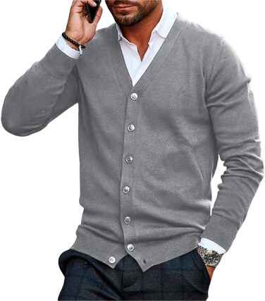 Чоловічий в'язаний кардиган Runcati без коміра V-подібний виріз, легка перехідна куртка сірого кольору, розмір M