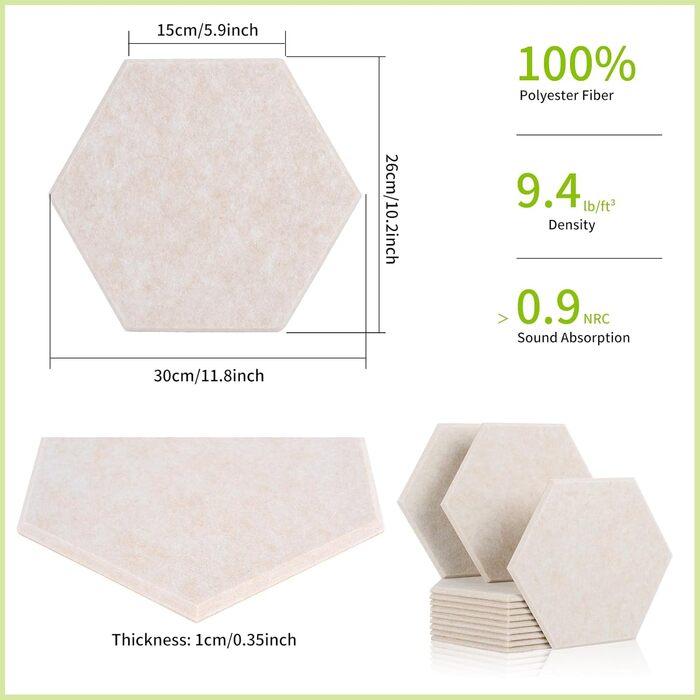 Набір акустичних панелей Rdutuok (12 шт), гексагональні звукопоглинаючі плити 30x26x1 см для студії, офісу та декору стін, колір верблюжий
