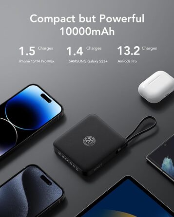 Power Bank VRURC 10000mAh з кабелем: компактний павербанк USB-C, швидка зарядка 22.5W, LED-дисплей, сумісний з iPhone, Huawei (зелений, чорний)