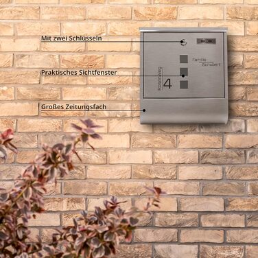 Поштовий ящик Grafner з нержавіючої сталі, персоналізований, з газетницею та 2 ключами. Гравіювання імені, вулиці та номера будинку. Комплект для монтажу входить.