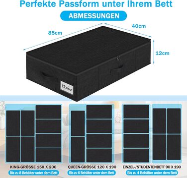 Коробки для зберігання під ліжко з кришкою, 12 см, 2 шт., складні, для одягу та ковдр, чорні