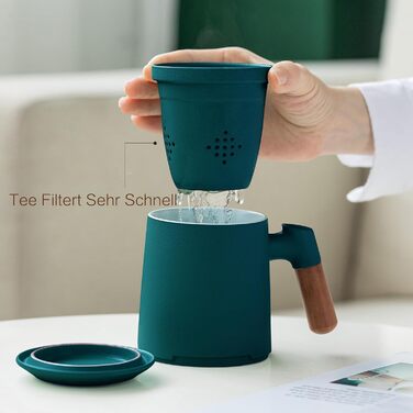 ZENS Teacup with Lid and Infuser, 360 ml Wooden Handle Teacup with Tea Strainer and Lid for Loose Leaf Tea, Matte Ceramic Teacups Gifts for Tea Lovers, Hand-Sprayed Dark Green Glaze