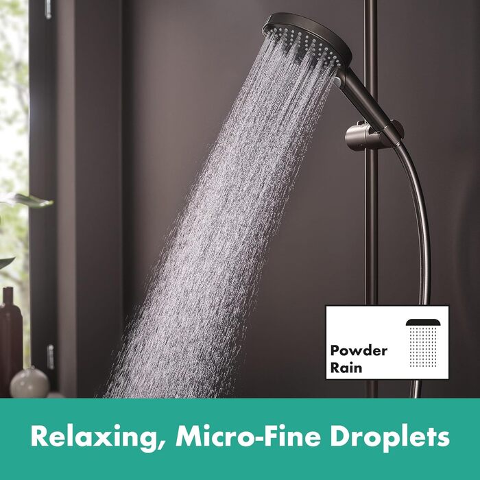 hansgrohe Raindance Select S - water-saving showerhead 9 l/min (EcoSmart), hand shower with 3 spray patterns, round shower head (⌀ 120 mm), water-saving showerhead with anti-limescale function, (with PowderRain jet, Brushed Black Chrome, 3 spray patterns including PowderRain)