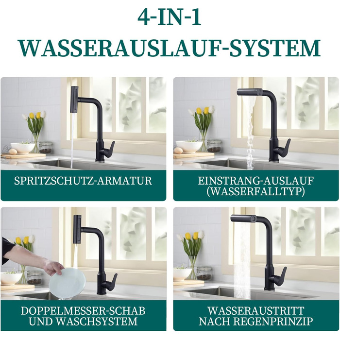 Кухонний змішувач водопровідний висувний з душем, 360° поворот, 4 режими, з нержавіючої сталі, чорний