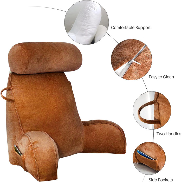 Лежанка для читання з велюру для дорослих, подушка для спини та рук для ліжка, з кишенею та знімним чохлом (колір: кавовий)