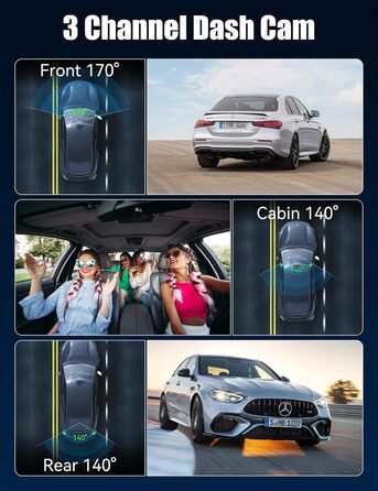 Відеореєстратор 4K Auto Передній та Задній з Хардвайр Кітом, WiFi, Паркувальний Моніторинг, 64GB SD Карта, 3-Канальна Автокамера з Нічним Баченням, 170° Широкий Кут, WDR, G-Сенсор, Циклічна Запис, Керування через APP