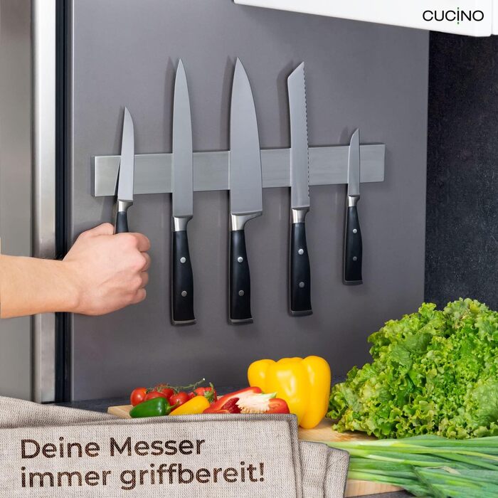 CUCINO Magnetic Knife Strip with Extra Strong Magnet - Specifically for the Refrigerator, Double-Sided Stainless Steel Strip - 40cm