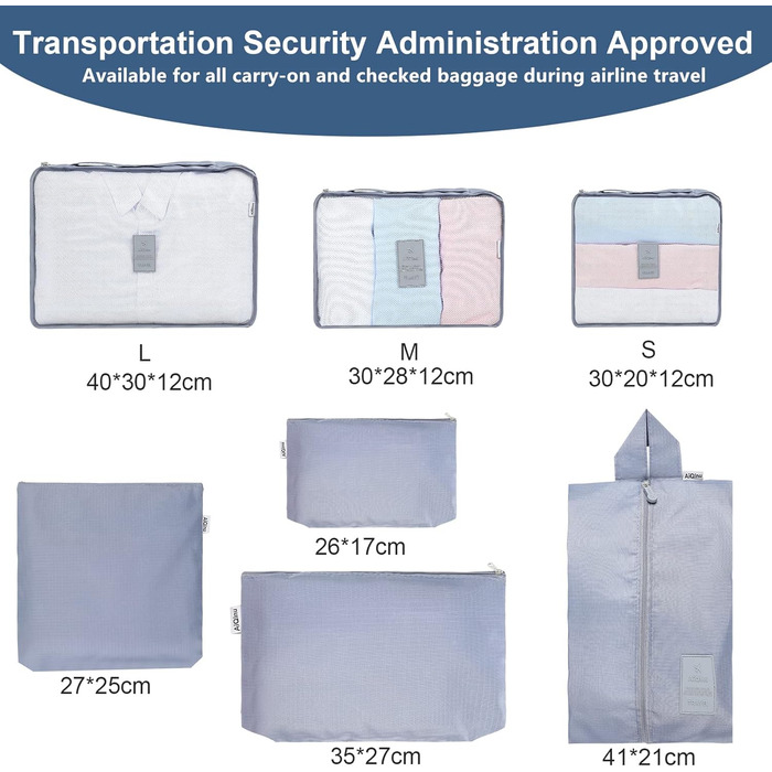Органайзер для валізи AiQInu, набір 7 шт: кубики для пакування, сумки для одягу та взуття, сірий