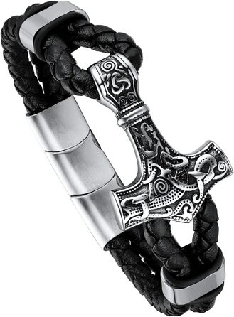 Браслет вікінга Thor's Hammer FaithHeart для чоловіків, плетіний шкіряний браслет з подарунковою коробкою, 21 см, сріблястий молот Тора