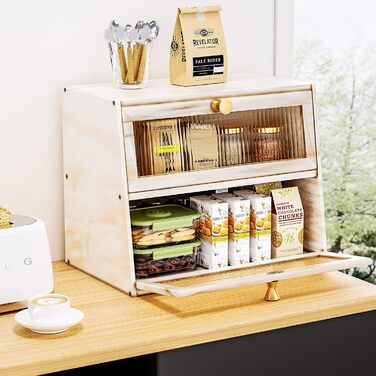 Дерев'яний хлібниця великого розміру, 2-ярусний, з акриловим вікном, стиль фермерський дім (білий/оптимальний сад)