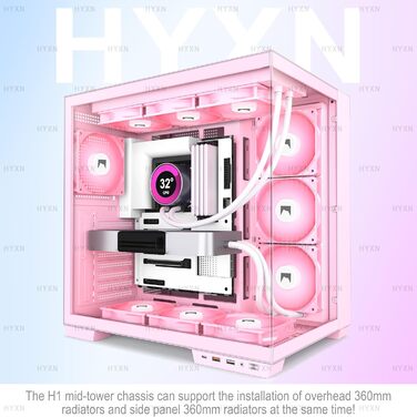 Корпус ПК ATX HYXN з 7 вентиляторами PWM ARGB, Mid Tower, Dual Chamber, Type-C, підтримка 3x360 мм кулерів (білий, рожевий)