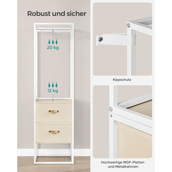 SONGMICS Clothes Rack, Open Wardrobe, High-Load-Capacity Coat Rack, 1 Extendable Rod, 2 Drawers, 4 Shelves, for Bedroom, Space-Saving, Natural Beige RGR003W67