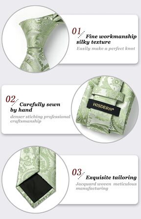 HISDERN Комплект краватки та нагрудного хустинки для весілля чоловічий, Пайслі, жаккард, однотонний, різні кольори (K-salbeigrün)
